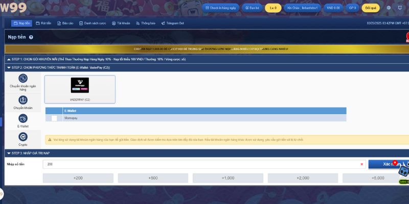Nạp tiền UW99 qua Ví điện tử ( E-Wallet)