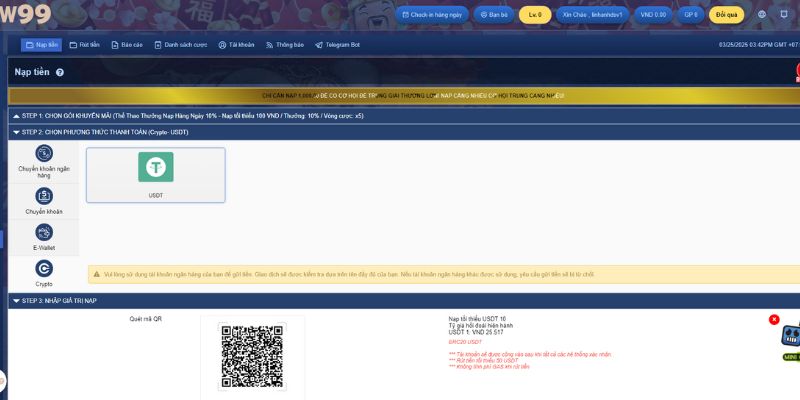 Nạp tiền UW99 qua Crypto